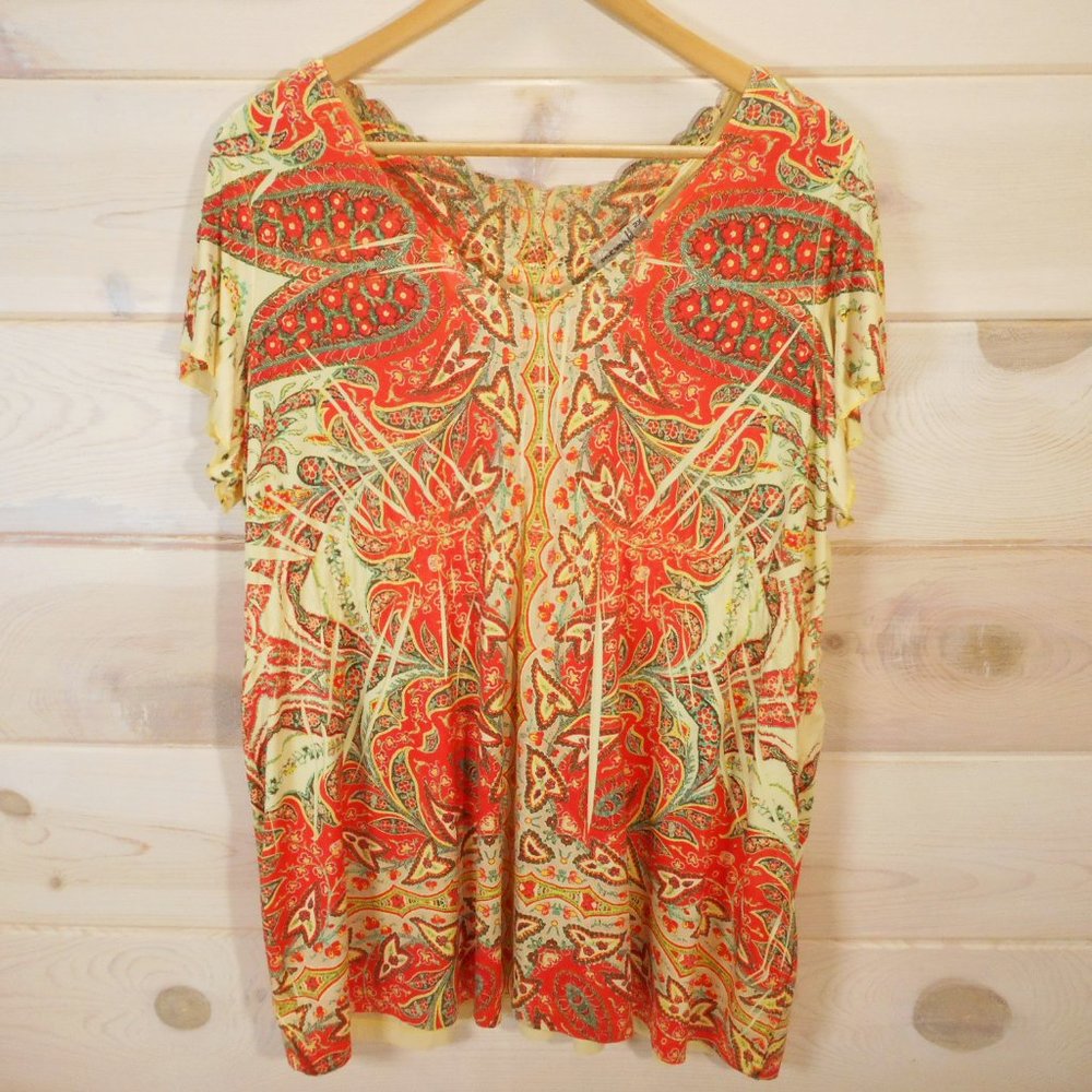 One World Womens Plus 2X V-Neck Blouse Lace Trim Top Orange Yellow